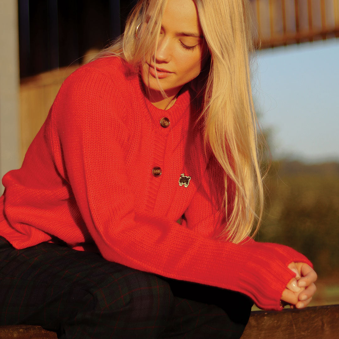 Women's Cashmere Sheep Cardigan Diana Red – Warm & Wonderful Women's Cashmere Sheep Cardigan Diana Red – Warm & Wonderful